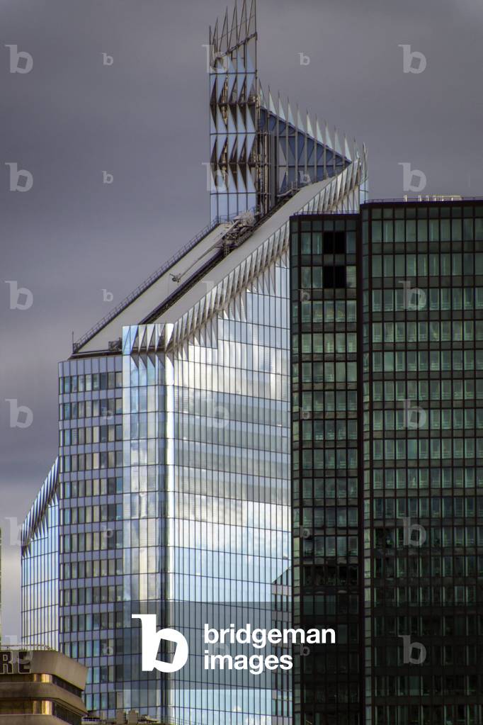 Two contemporary office towers of different styles, La Défense, Paris, France (photo).