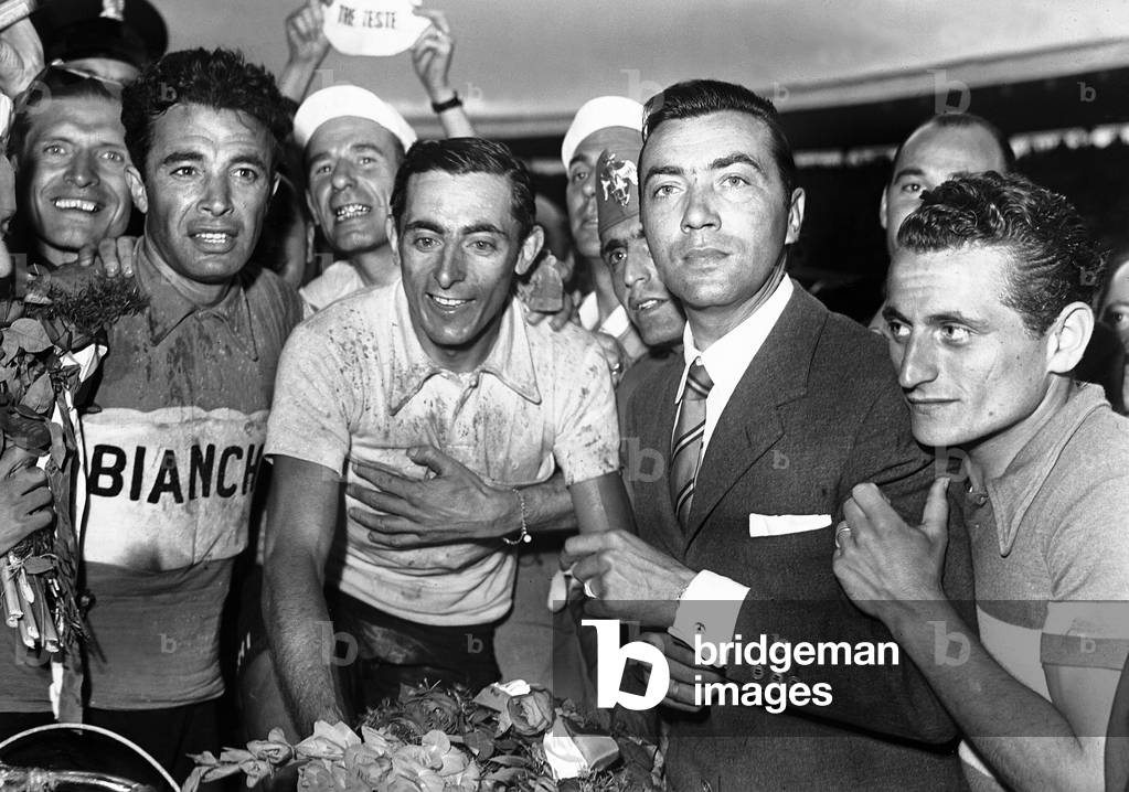 Fausto Coppi doing a lap of the Vigorelli velodrome, Milan, 1947 (b/w photo)