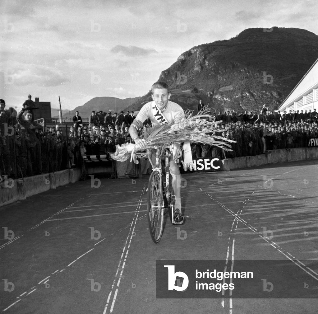 42th Giro d'Italia (1959) - 15th Stage Trento - Bolzano Cyclist Jacques Anquetil just after the arrival; he became the classification leader again (b/w photo)
