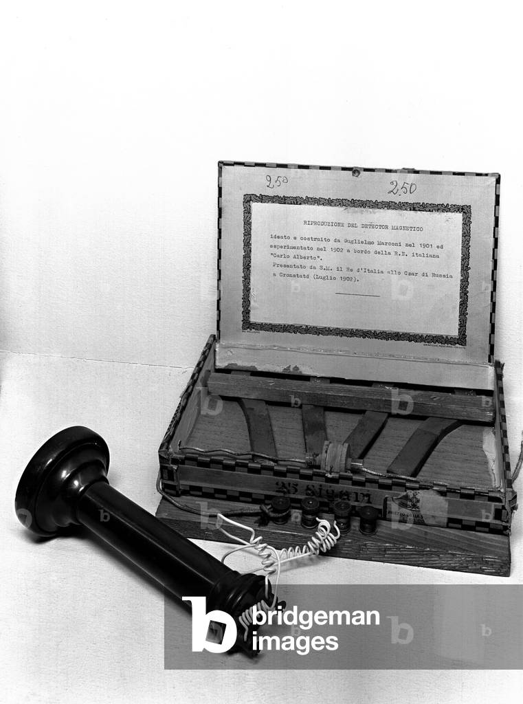 Guglielmo Marconi magnetic detector, Science Museum, Milan, Italy (b/w photo)