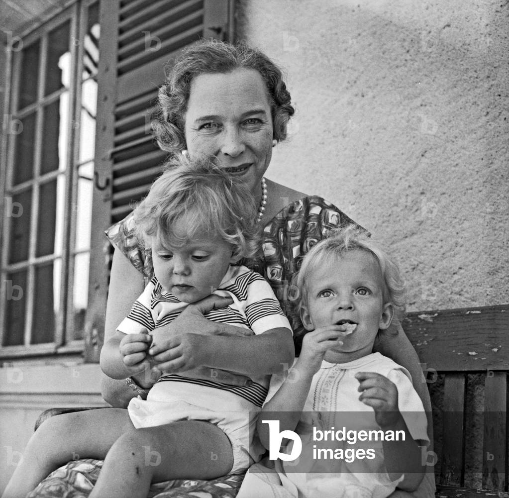 Marie Jose Gabrielle of Belgium with her grandchildren Serge and Helene of Yugoslavia, Merlinge, Switzerland, 1964 (b/w photo)