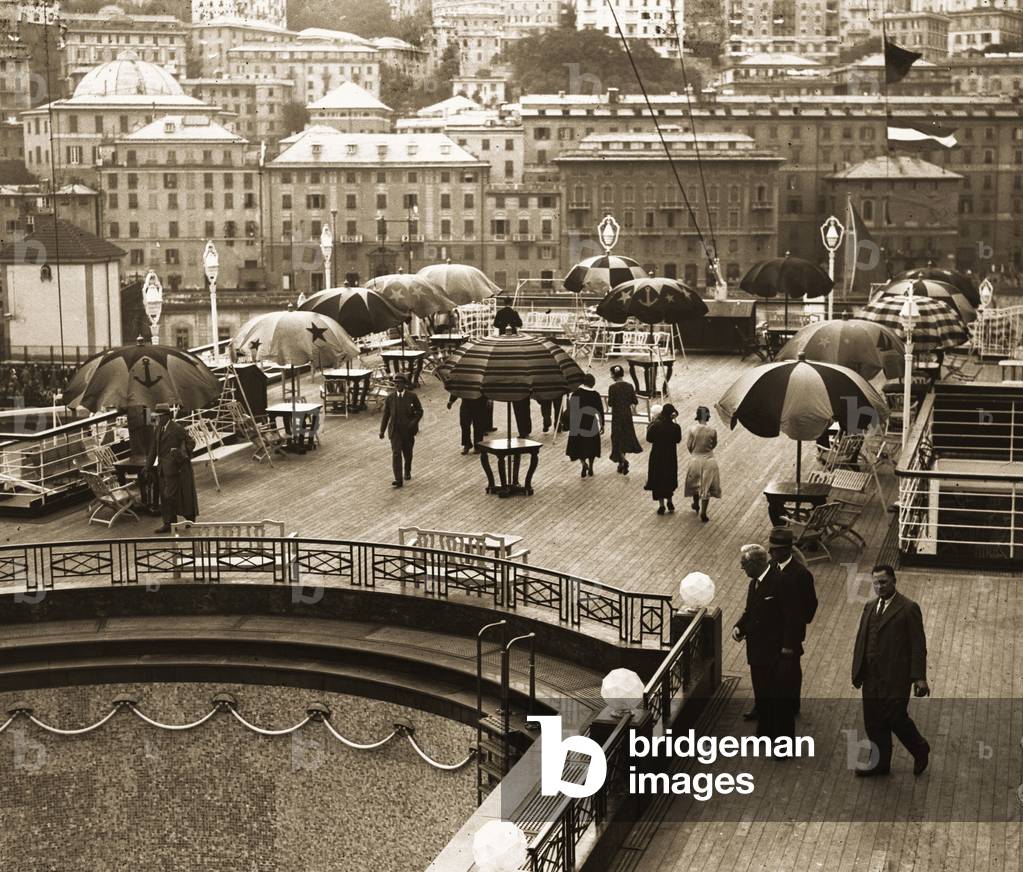 Visitors on the deck of the transatlantic liner Rex, Genoa, 1932 (b/w photo)