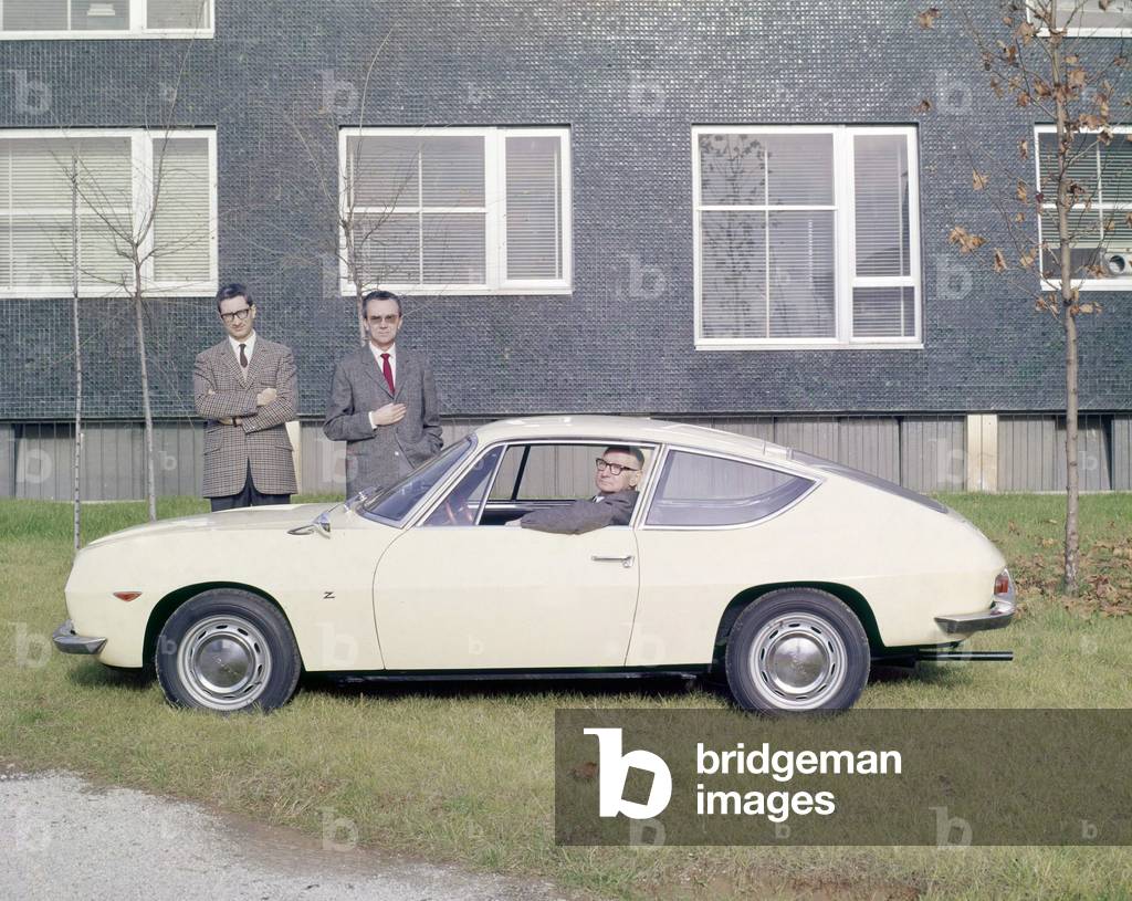 Elio, Gianni and their father Ugo Zagato, founder of the company, in a Lancia Fulvia Zagato, Milan, 1960s (photo)