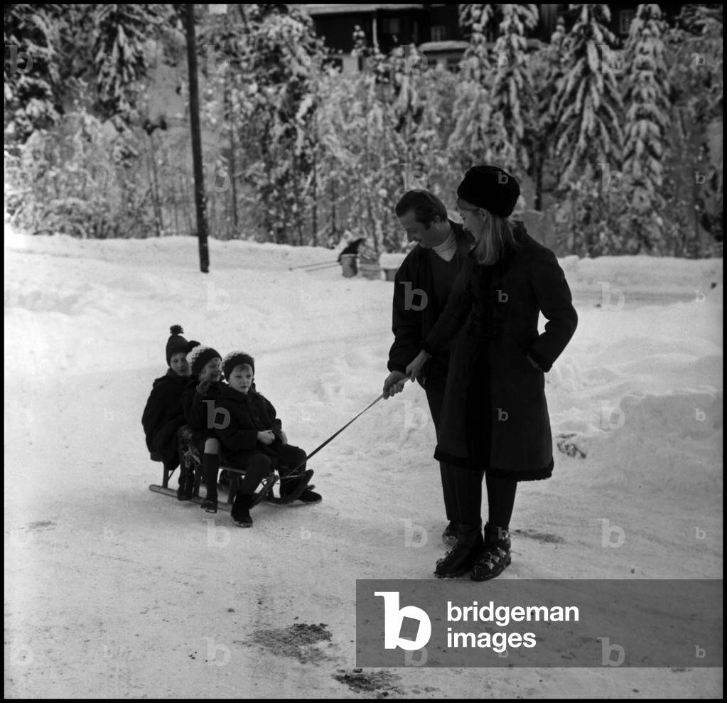 Albert II of Belgium and his wife Paola Ruffo de Calabria and their children in Gstaad, 1968 (b/w photo)
