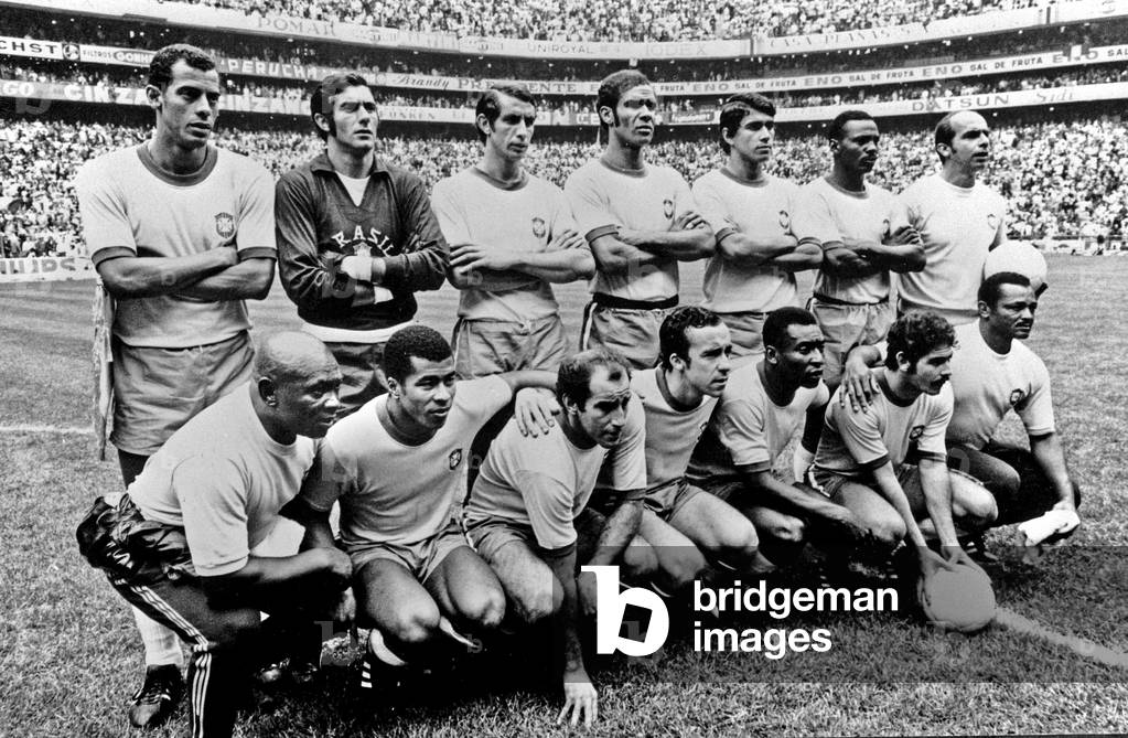 Brazil's squad at FIFA World Cup, Estadio Azteca, Mexico, 1970 (b/w photo)