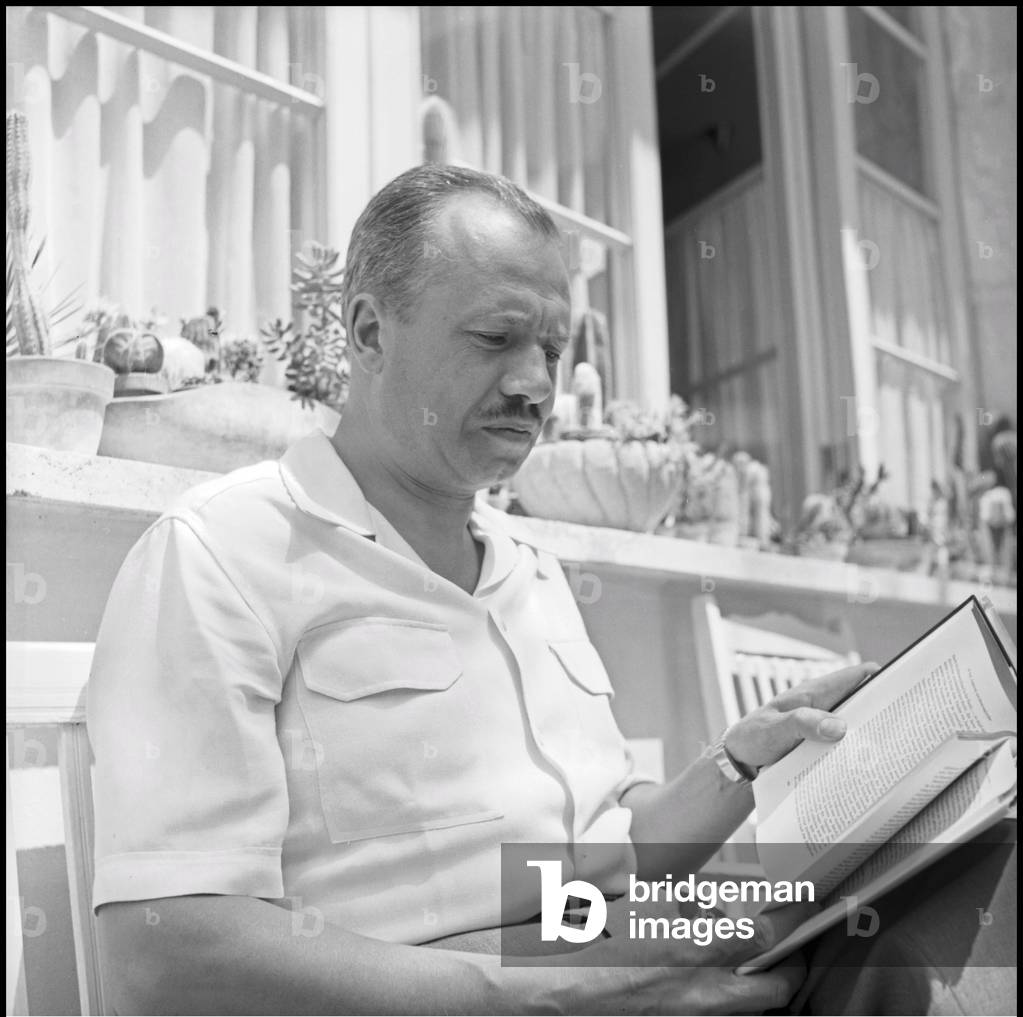 Franz Josef II Prince of Liechtenstein reading in the garden of an hotel, Riccione, 1954 (b/w photo)
