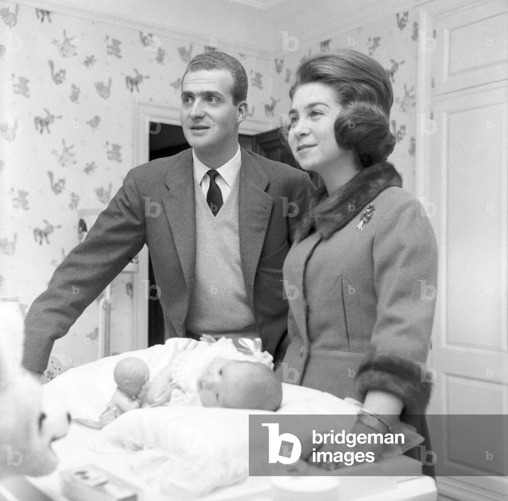 Prince Juan Carlos of Spain, his wife Sofia of Greece and their daughter Elena at Zarzuela Palace, Madrid, 1964 (b/w photo)