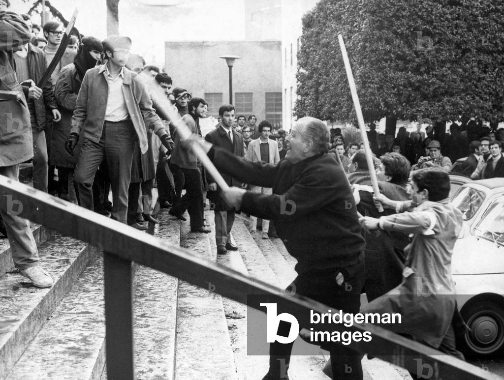 Riot between students and far right groups at university, Rome, 1968 (b/w photo)