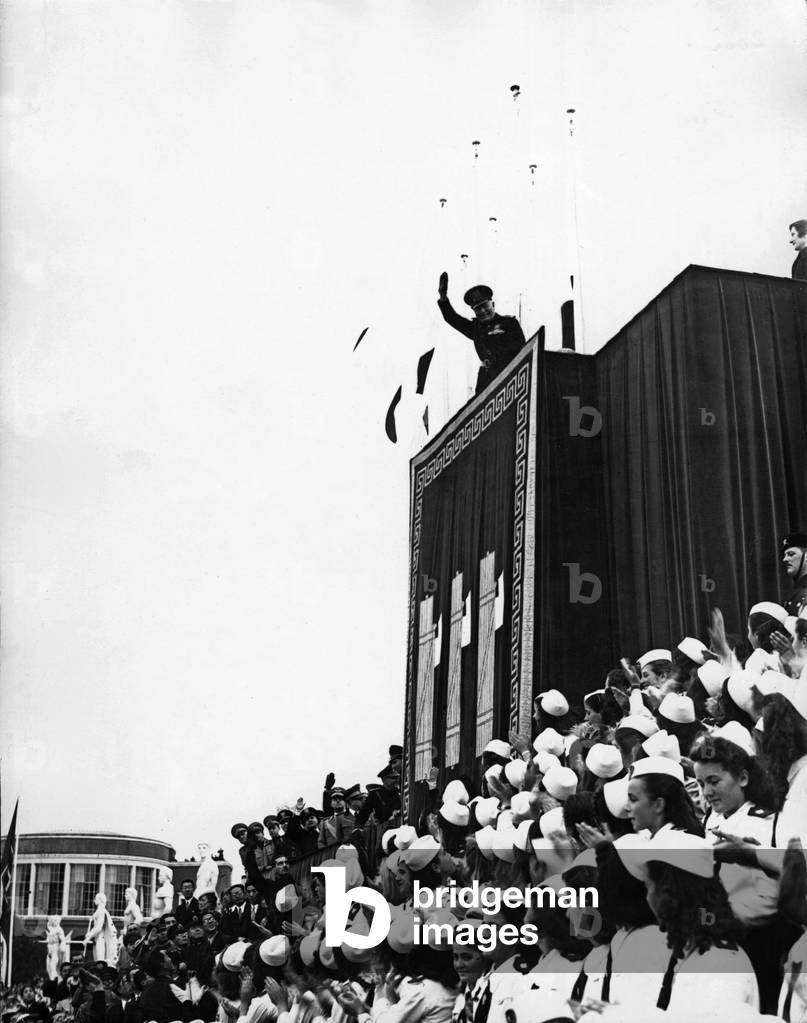 Benito Mussolini on the stand of the Stadio dei Marbi, Rome, 1940 (b/w photo)