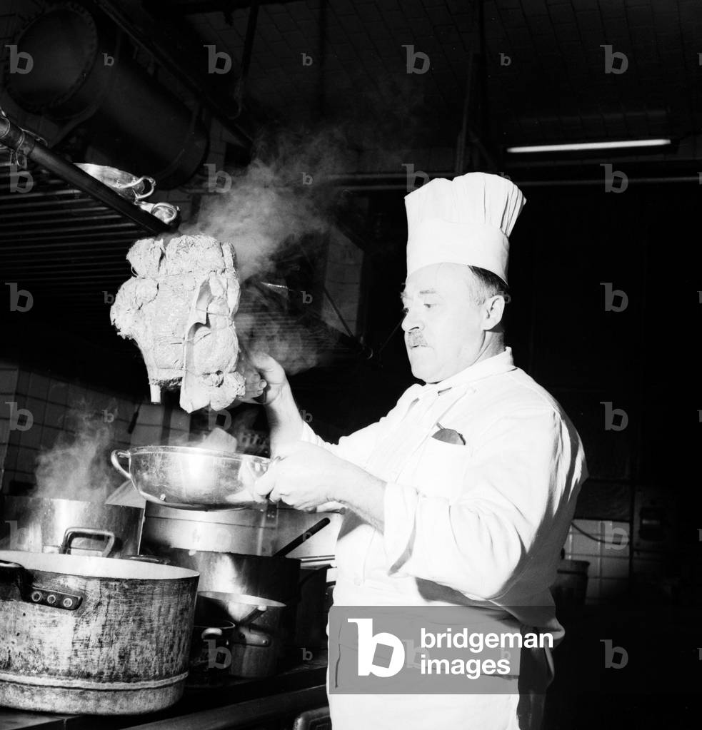 The chef of the Biffi restaurant, Milan, Italy, 1951 (b/w photo)