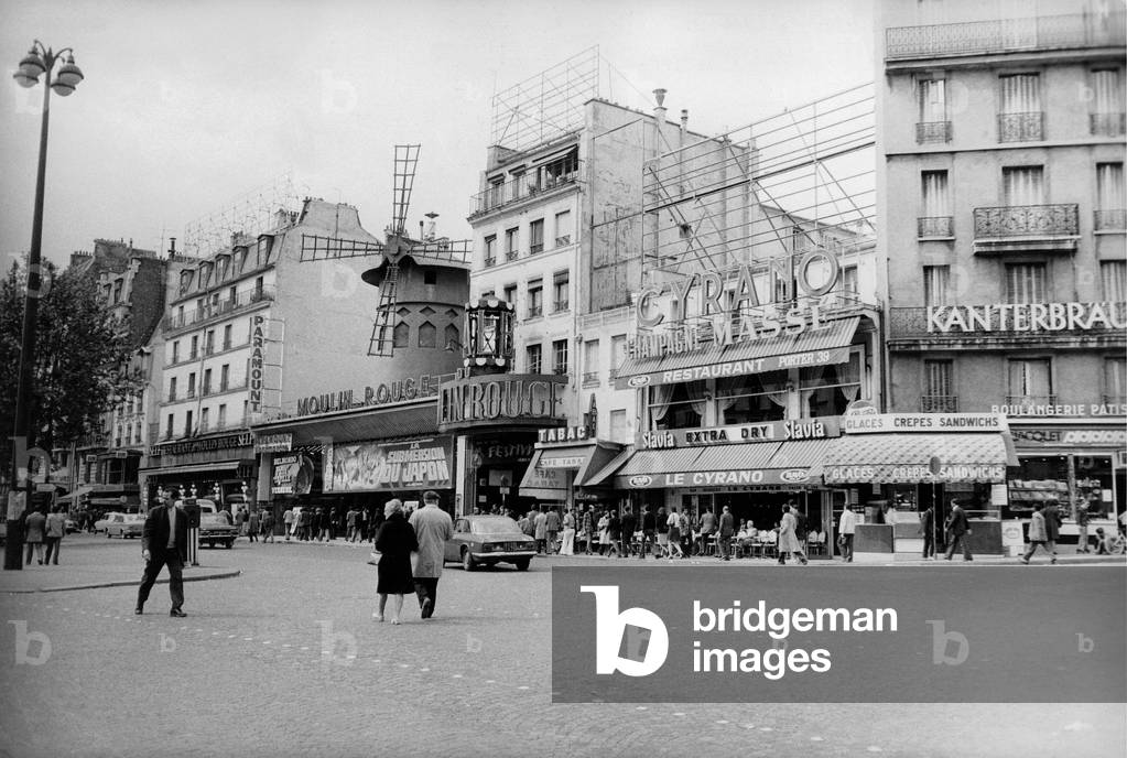 Exterior view of the Moulin Rouge cabaret, Paris, 1975 (b/w photo)