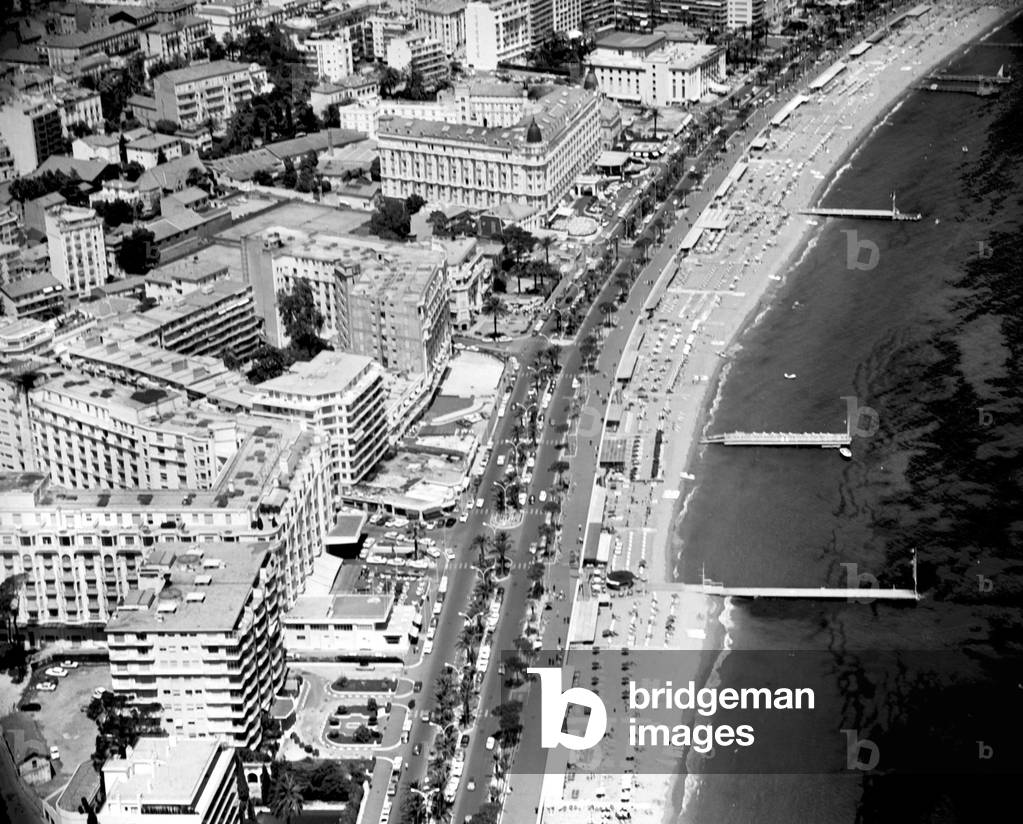 Aerial view of la Croisette, Cannes, France (b/w photo)