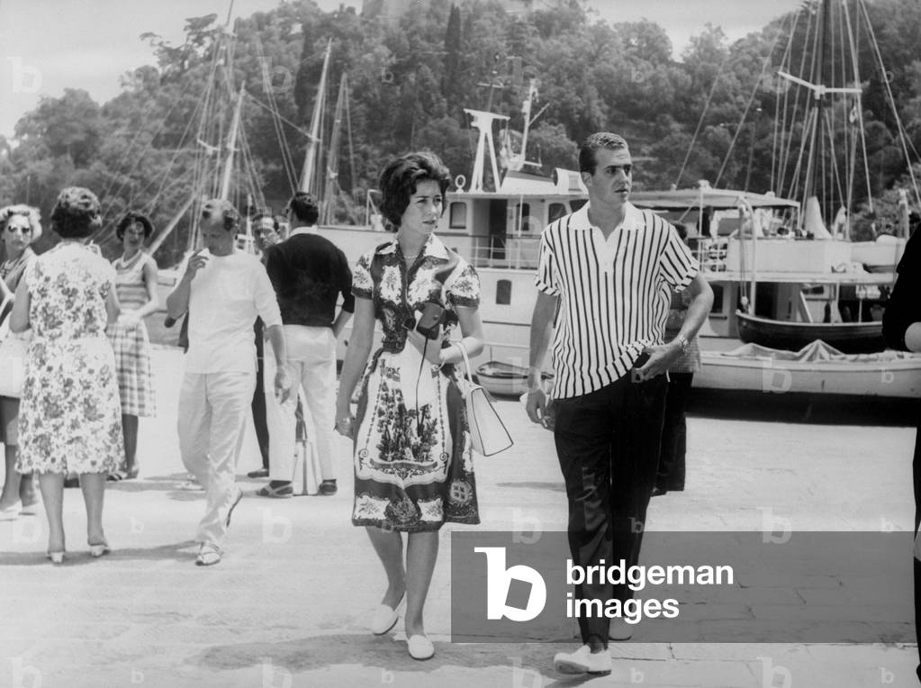 Prince Juan Carlos of Spain and his wife Sofia during their honeymoon, Portofino, Italy, 1962 (b/w photo)