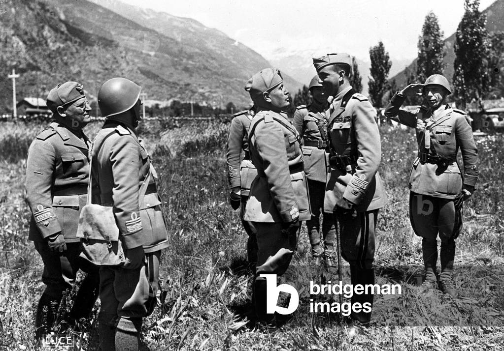 Prince Umberto II di Savoia meets Benito Mussolini and the general Ubaldo Soddu, Ulzio, Italy, 1940 (b/w photo)