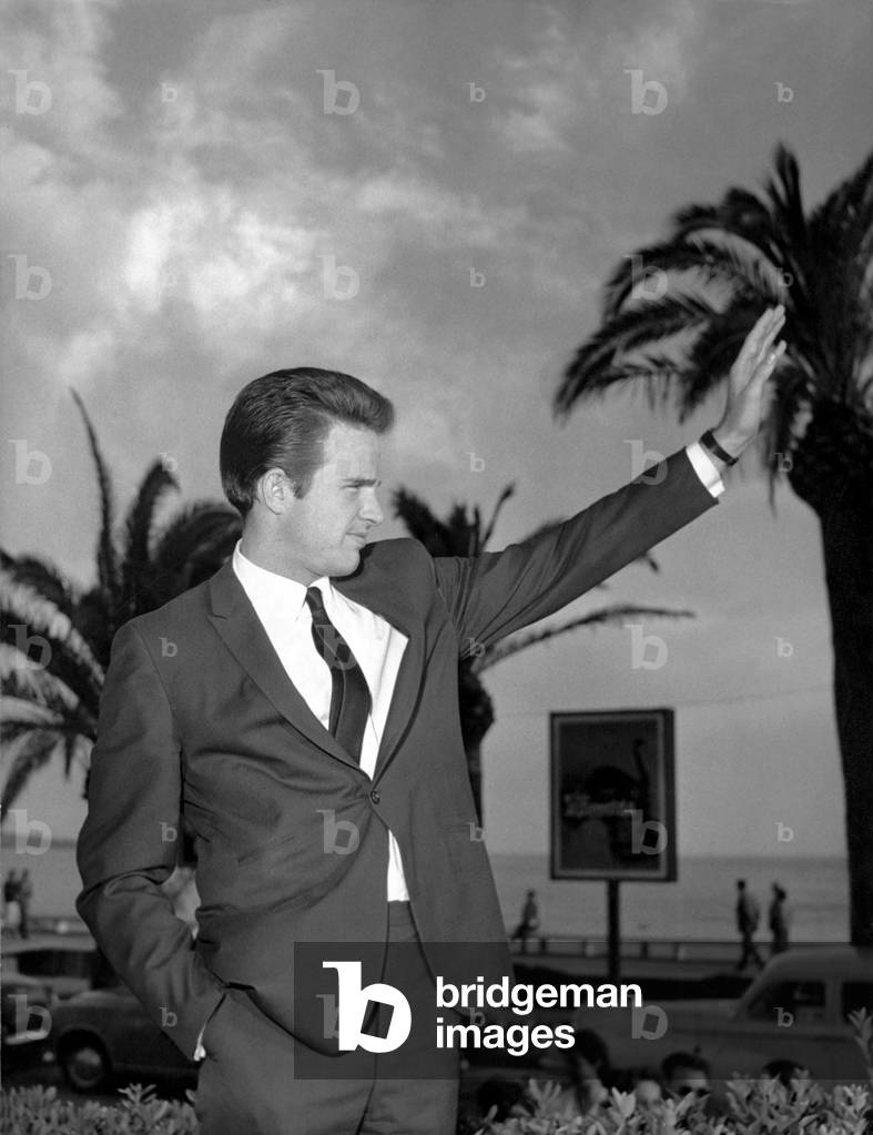 Warren Beatty at the Cannes Film Festival, 1962 (b/w photo)