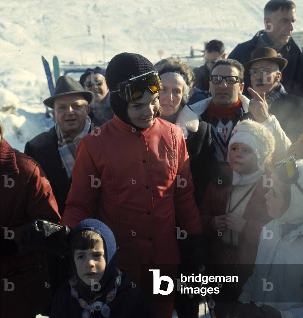 Jacqueline Kennedy with her children Caroline and John John at winter sports, Gstaad, Switzerland, 1966 (photo)