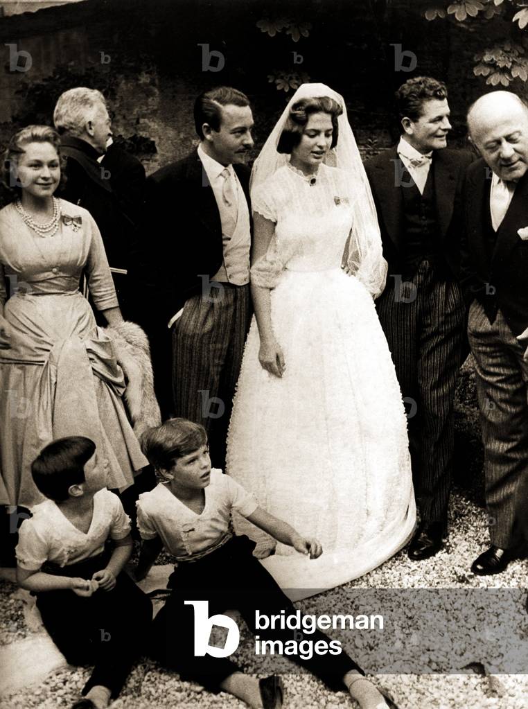 Wedding of Prince Alfonso Hohenlohe with Ira Furstenberg, Venice, 1955 (b/w photo)
