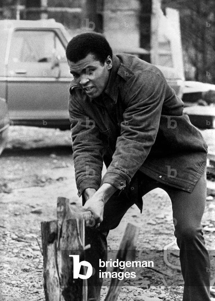 Muhammad Ali cutting wood, USA, 1974 (b/w photo)
