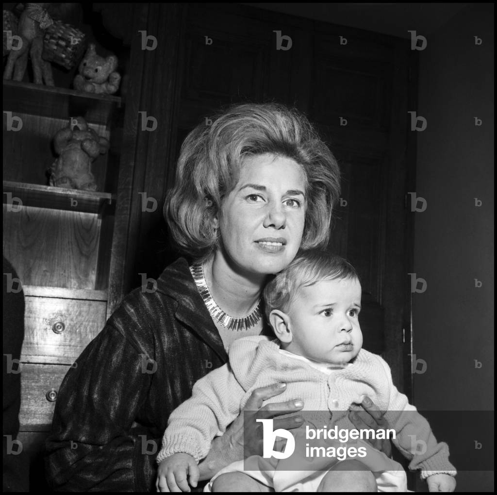 Duchess of Alba Cayetana Fitz-James Stuart with her son Cayetano at Liria Palace, Madrid, 1964 (b/w photo)