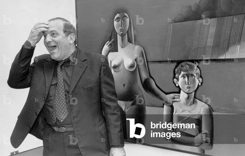 Damiano Damiani with one of his paintings, Rome, 1980s (b/w photo)