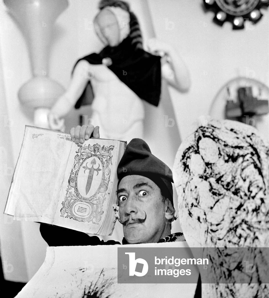 Salvador Dali at home, Port Lligat, Spain, 1957 (b/w photo)