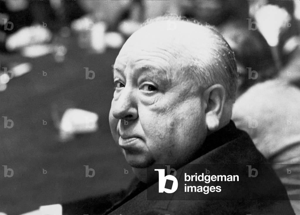 Alfred Hitchcock at the film library, Milan, 1972 (b/w photo)