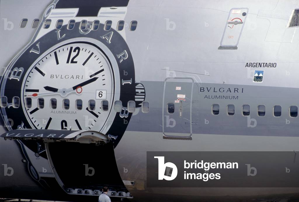 Alitalia's Jumbo model sponsored by Paolo Bulgari, Rome, Italy, 1998 (b/w photo)