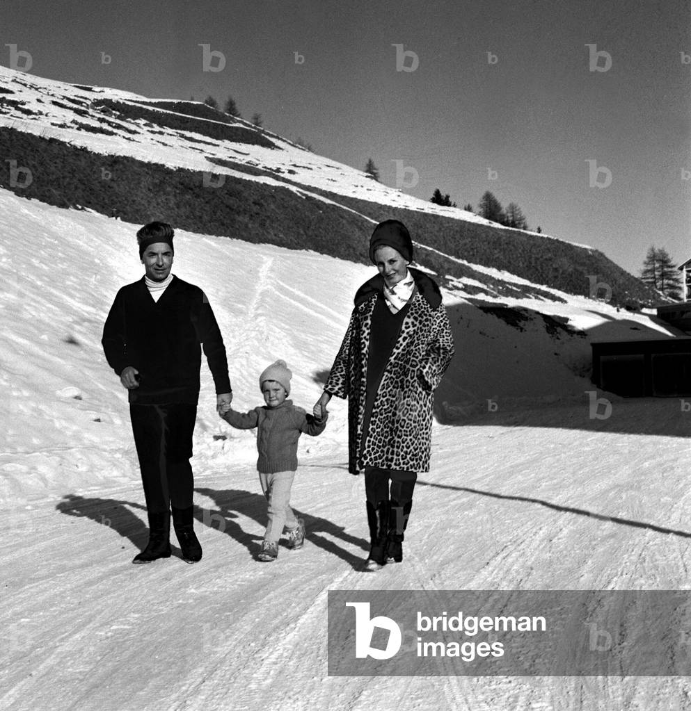 Herbert von Karajan with his wife Eliette and daughter Isabella, St. Moritz, Switzerland, 1963 (b/w photo)