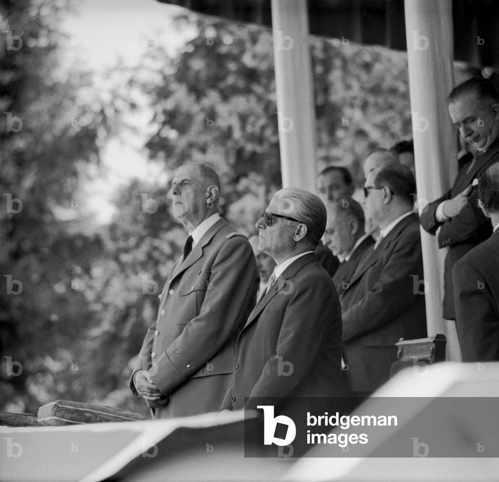 Charles de Gaulle and Giovanni Gronchi at the military parades celebrating the centenary of the Battle of Magenta, Milan, 1959 (b/w photo)
