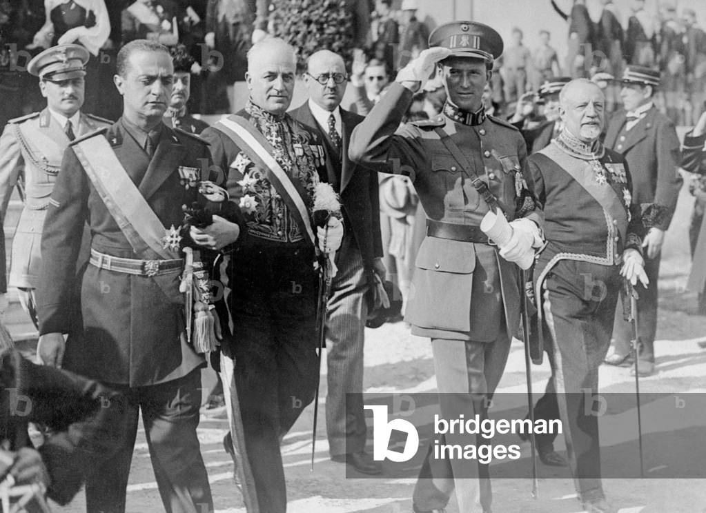 Giuseppe Bottai, Luigi Vannutelli, King Leopold III of Belgium and Count Giuseppe Volpi of Misurata, Brussels, 1935 (b/w photo)