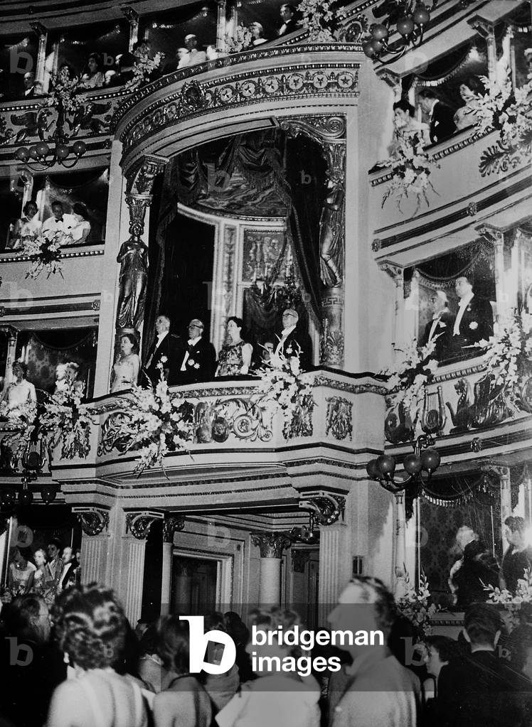 In presidential box in Scala theatre in Milan : l-r : Mrs Gronchi, general Charles de Gaulle, Giovanni Gronchi (Italian president) and Yvonne de Gaulle (wife of general) on June 25, 1959 (b/w photo)