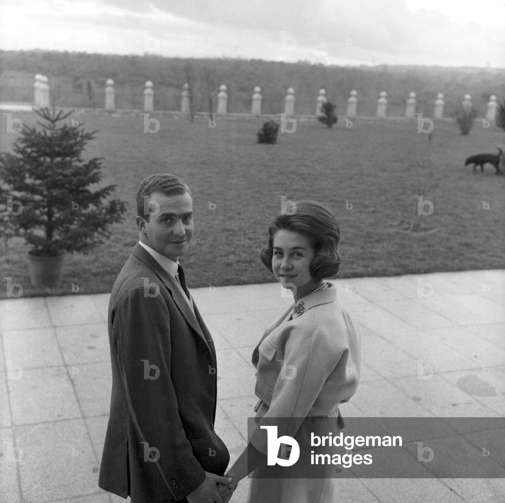 Prince Juan Carlos of Spain and his wife Sofia of Greece at Zarzuela Palace, Madrid, 1964 (b/w photo)