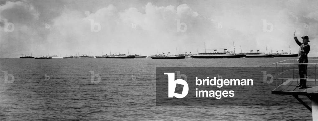 Benito Mussolini reviews the forces of the Italian Navy, Genoa, 1926 (b/w photo)