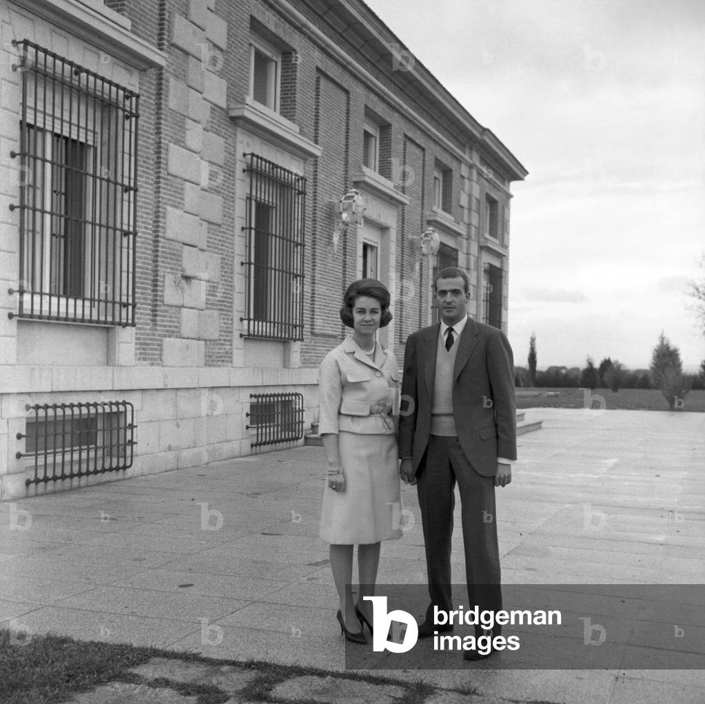 Prince Juan Carlos of Spain and his wife Sofia of Greece at Zarzuela Palace, Madrid, 1964 (b/w photo)