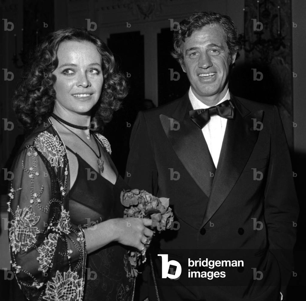 Laura Antonelli and Jean Paul Belmondo at Cannes Film Festival, 1974 (b/w photo)
