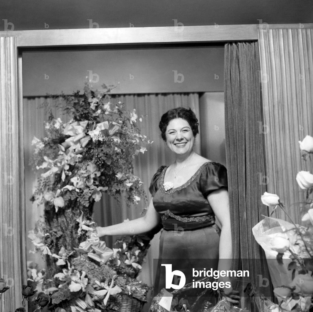Renata Tebaldi before performing at la Scala, Milan, 1959 (b/w photo)