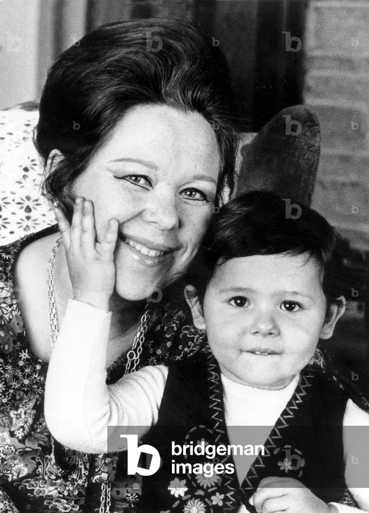 Renata Scotto with her first child, Italy, 1972 (b/w photo)