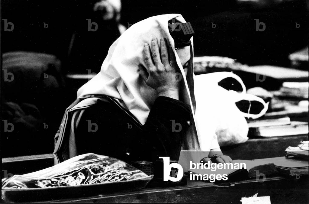 Prayer scene in the Jewish Quarter, New York, 1994 (b/w photo)