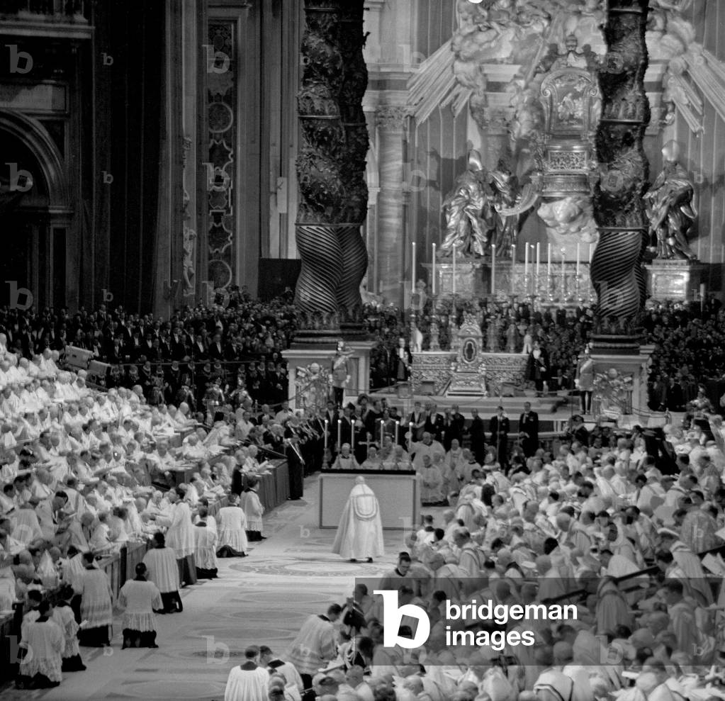 Pope John XXIII in St. Peter's Basilica at the opening of the Second Vatican Council, Vatican City, 1962 (b/w photo)