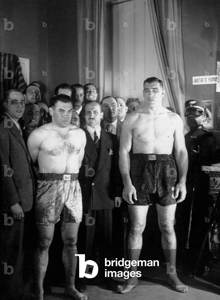 Paulino Uzcudun and Primo Carnera at the boxers' weigh-in, Rome, 1933 (b/w photo)