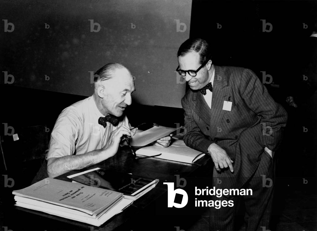 Charles-Edouard Jeanneret-Gris known as Le Corbusier with Jose Sert, Bergamo, 1949 (b/w photo)