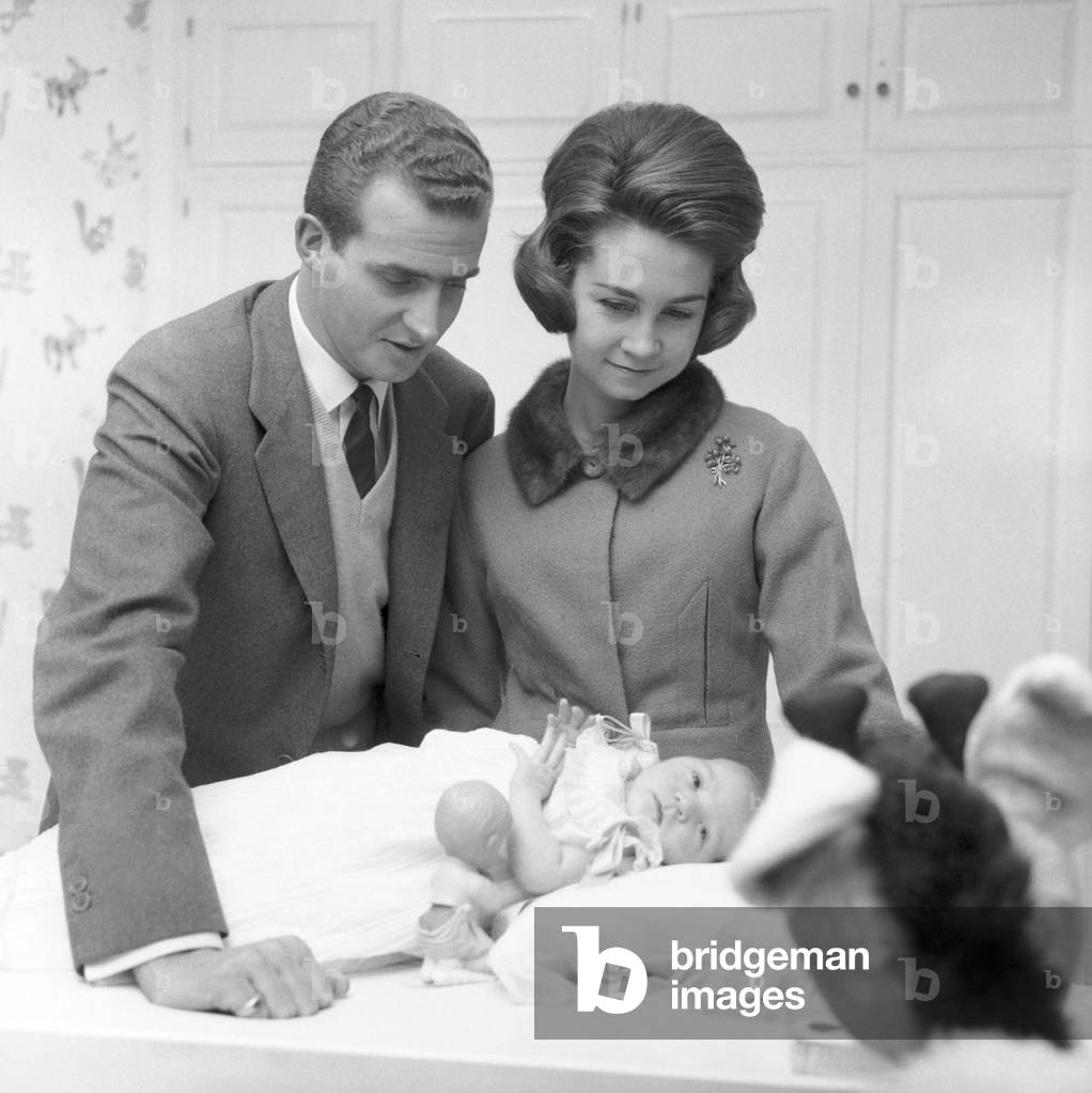 Prince Juan Carlos of Spain, his wife Sofia of Greece and their daughter Elena at Zarzuela Palace, Madrid, 1964 (b/w photo)