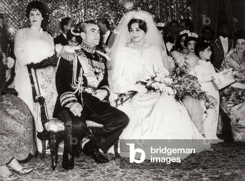 Wedding of Mohammad Reza Shah Pahlavi, Shah of Persia with Farah Diba in Golestan Palace, Teheran, Iran, 1959 (b/w photo)