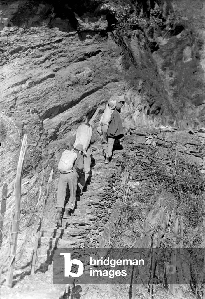 A group of smugglers crossing the mountains, their bags on their backs, Valtellina, Italy, 1940s (b/w photo)