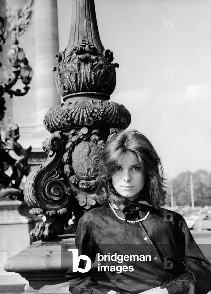 Catherine Deneuve on the Alexander III bridge on the Seine, Paris, 1961 (b/w photo)