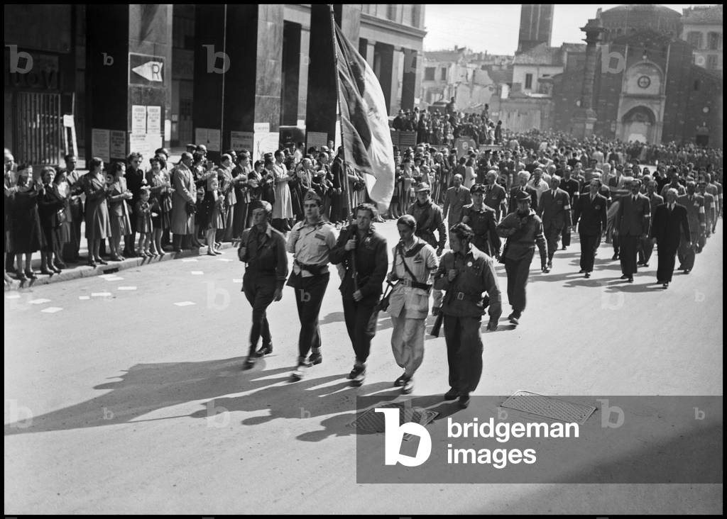 The Liberation of Milan, partisans' parade in Corso Matteotti, 1945 (b/w photo)