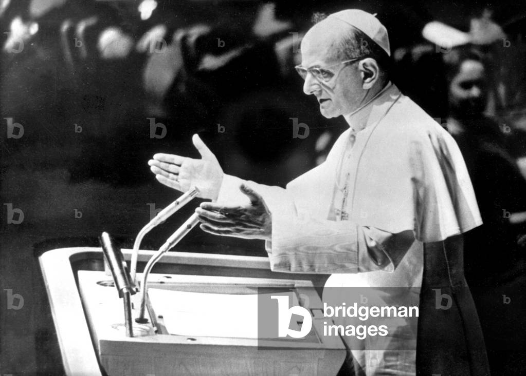 Pope Paul VI speaking at the UN, New York, USA, 1965 (b/w photo)