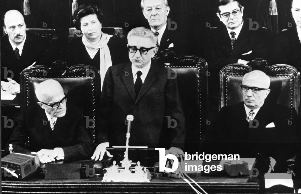 Giovanni Leone gives a speech following his election as President of the Italian Republic, December 1971 (b/w photo)