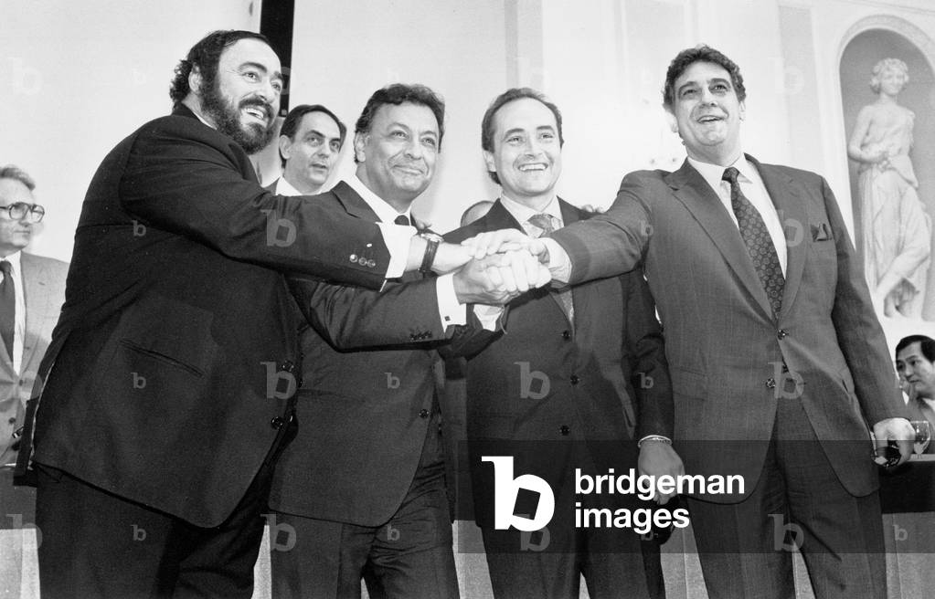Luciano Pavarotti, Zubin Mehta, Jose Carreras and Placido Domingo at the presentation of the concert, Caracalla, Rome, 1990 (photo)