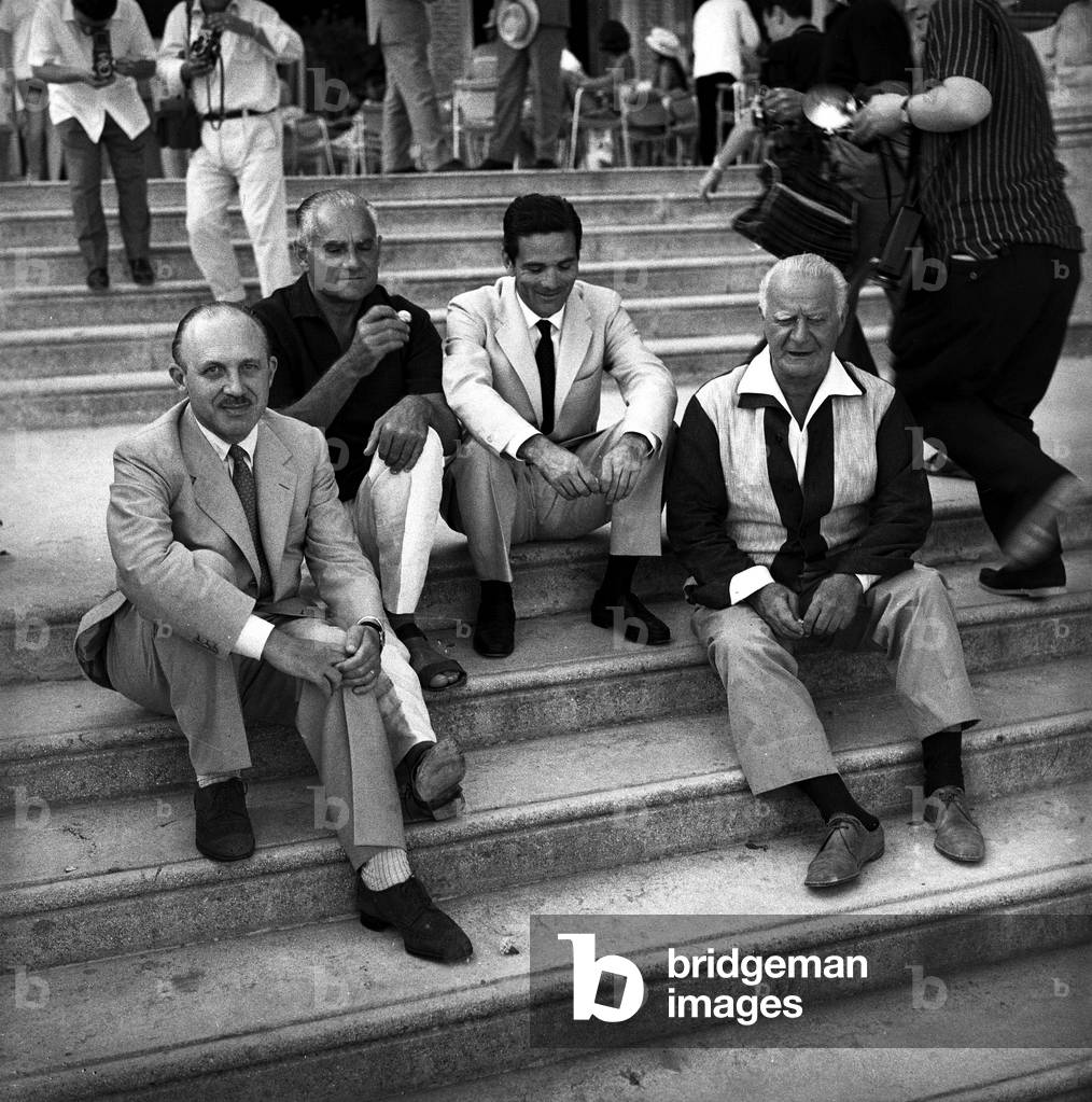 Guido Piovene, Pier Paolo Pasolini, Alberto Moravia and Leonida Repaci at the Venice Film Festival, 1961 (b/w photo)